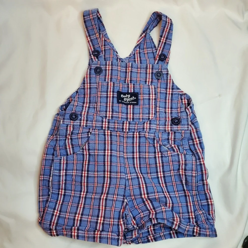 Vintage Osh Kosh Bgosh Blue Red Plaid Short Overalls Vestbak‎ 12 Months
